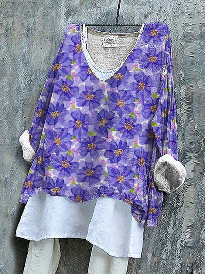 Women's Purple Floral Print Casual Loose Tops
