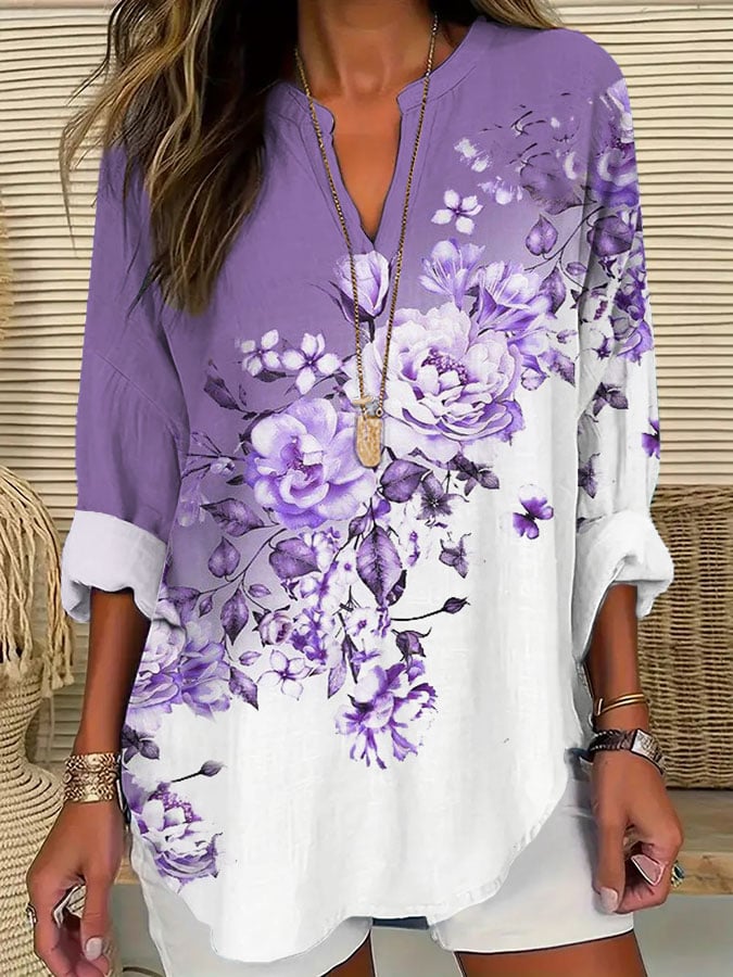 Women's Alzheimer's Awareness Purple Floral Cotton and Linen Shirt