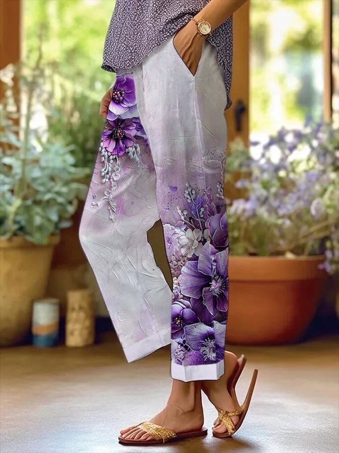 Women's Alzheimer's Purple Floral Print Casual Pants