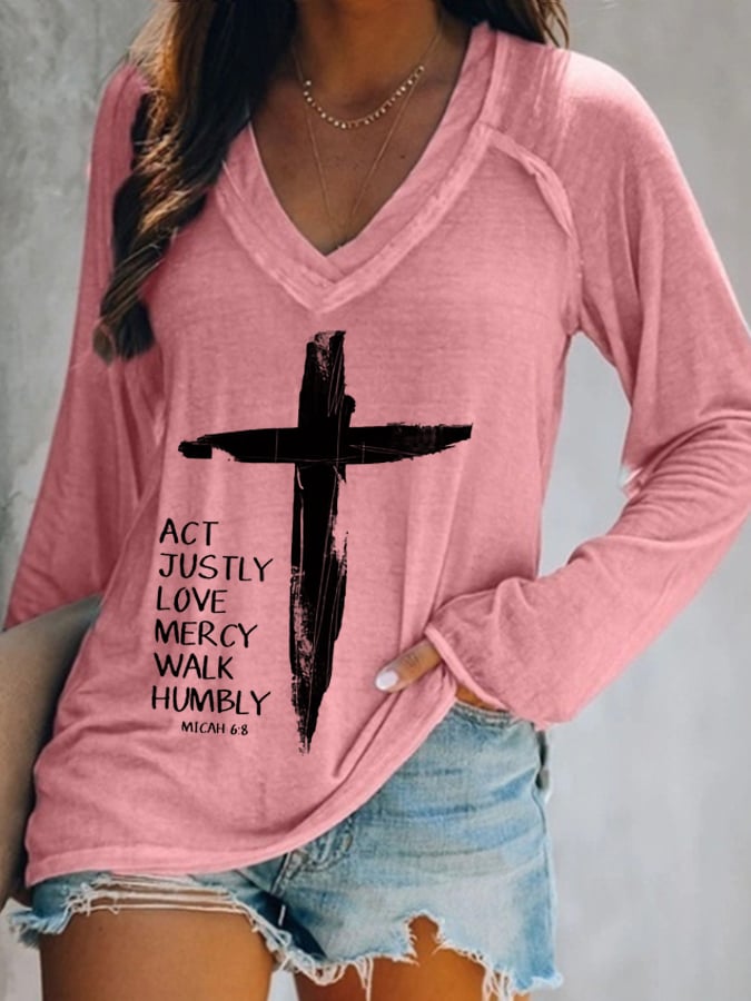 Women's Act Justly Love Mercy Walk Humbly-Micah 6:8 Cross Print V-neck T-shirt