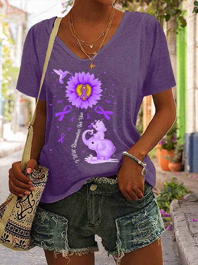 Women's I Will Remember For You Elephant Flower Alzheimers Awareness  Printed V-Neck T-Shirt