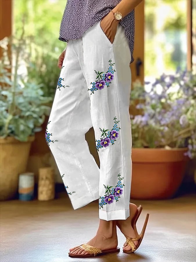 Women's Purple Flower Print Alzheimer's Awareness Support Casual Pants
