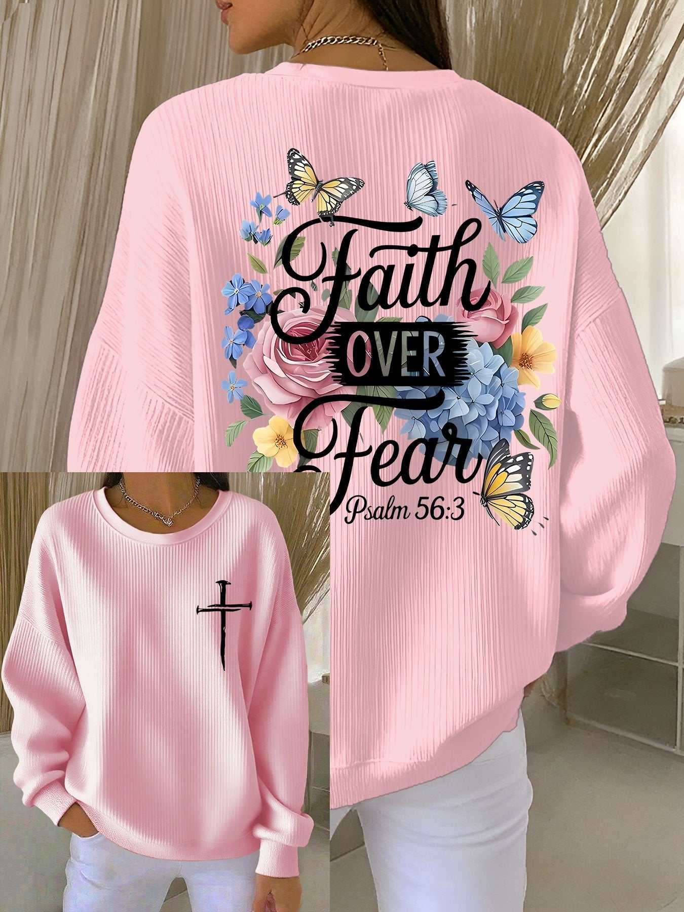 Women's Faith Over Fear Printed Crew Neck Long Sleeve Top
