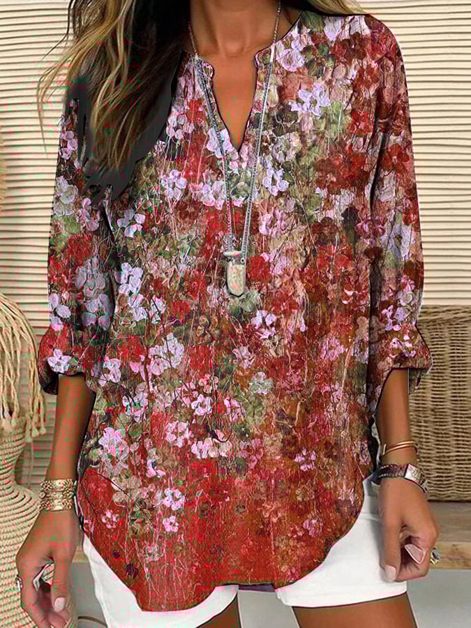 Women's Casual Retro Purple Art Cotton And Linen Shirt