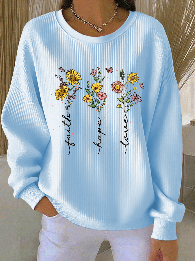 Women's Faith Print Knit Crew Neck Long Sleeve Top