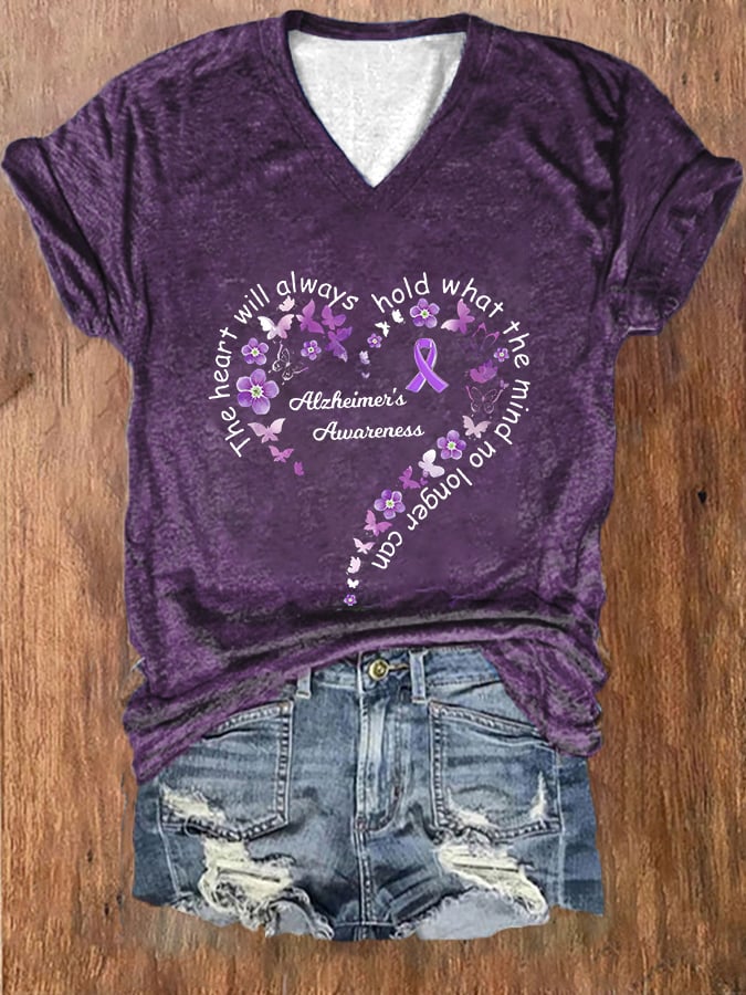 Women The Heart Will Always Hold What the Mind Can No Longer Printed V-Neck T-Shirt