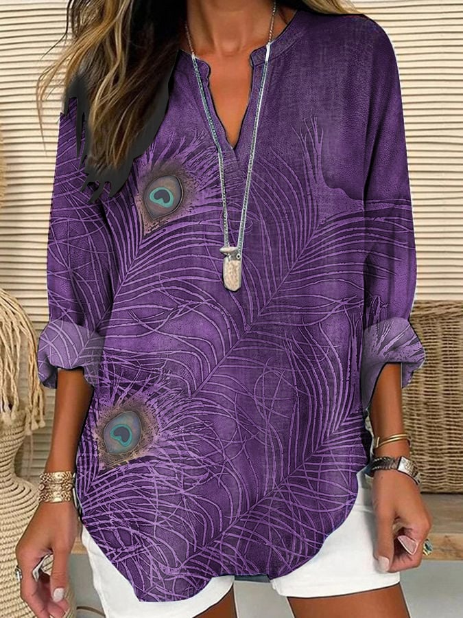 Women's purple art peacock feather cotton and linen shirt