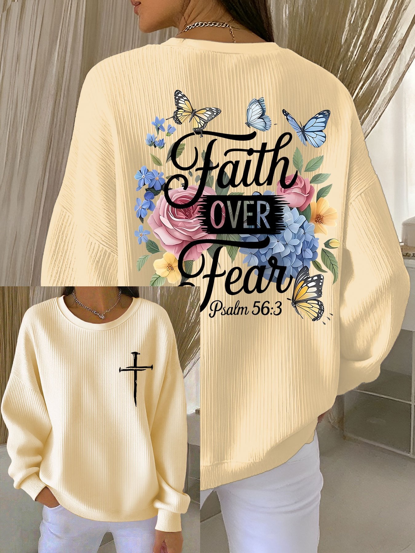 Women's Faith Over Fear Printed Crew Neck Long Sleeve Top