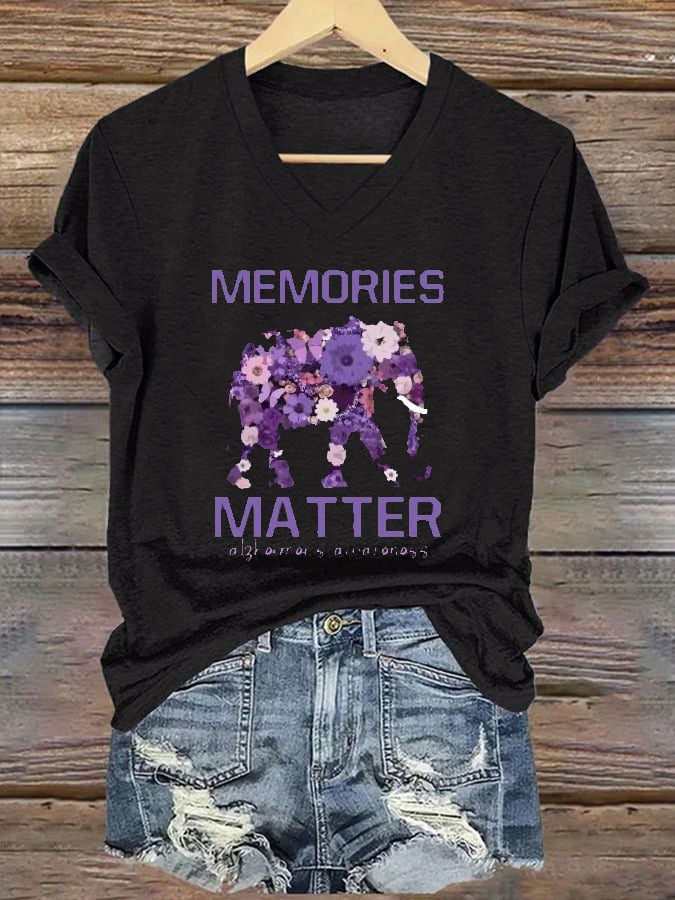 Women's Alzheimer's Awareness Print V Neck T-Shirt Top