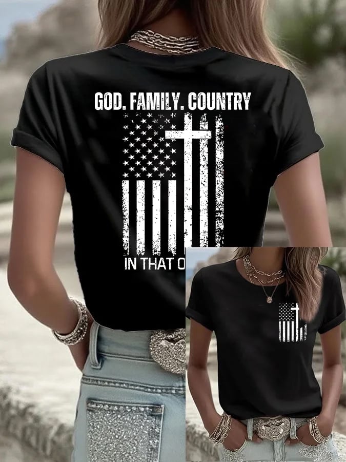 Women's God Family Country In That Order Print Round Neck T-shirt