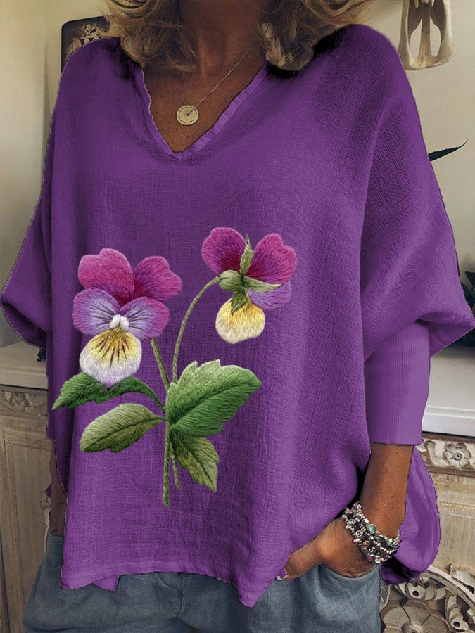 Women's Cotton And Linen Purple Floral V-Neck Top