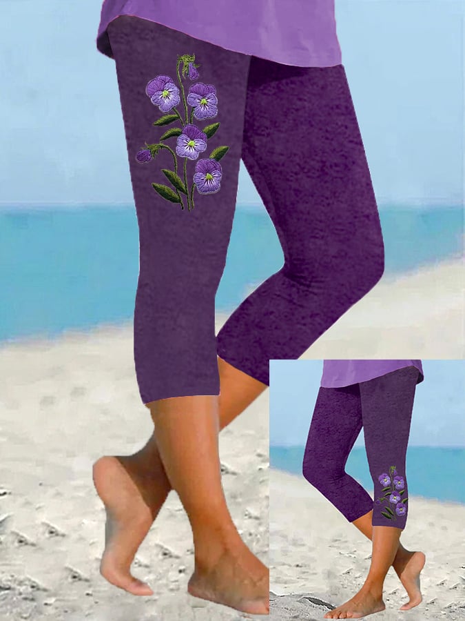 Women's Purple Flower Alzheimer's Awareness Support Cropped Leggings