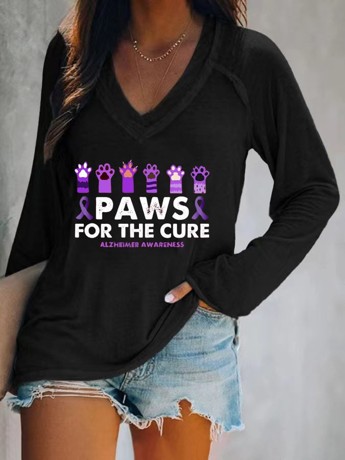 Women's Paws For The Cure Alzheimer Awareness Printed V-Neck T-Shirt