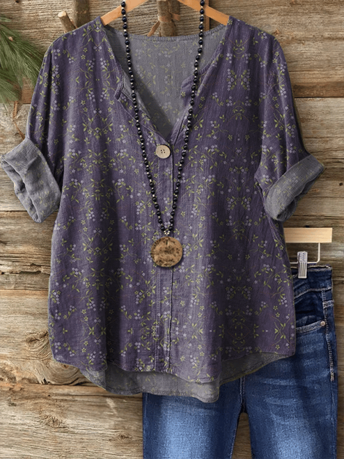Women's Vintage Botanical Floral Art Print Button-Up Shirt
