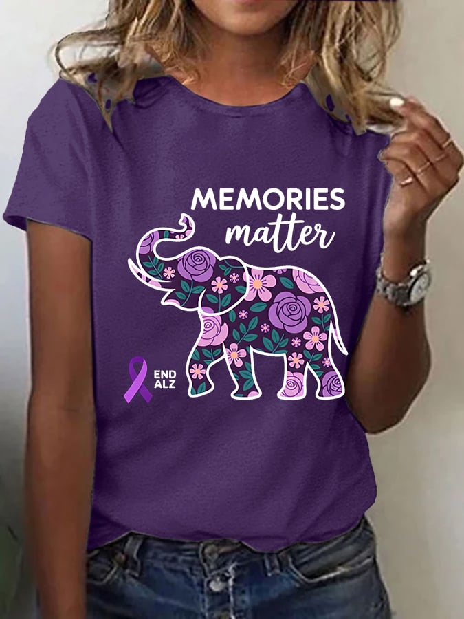 Women's Alzheimer's Disease Floral Elephant Print Short Sleeve T-Shirt