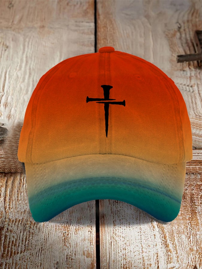 Unisex Distressed Washed Retro Gradient Design Faith Cross Print Hat