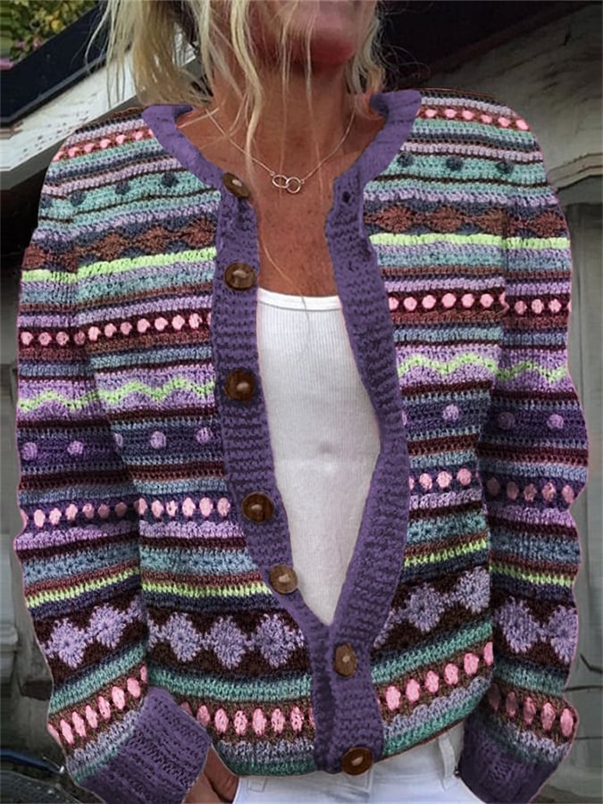 Women'S Icelandic Crochet Striped Cozy Knit Cardigan