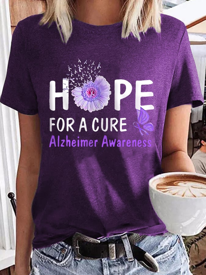 Women's Hope For A Cure Sunflower Purple Ribbon Alzheimer's Awareness Fighter Supporter Tee