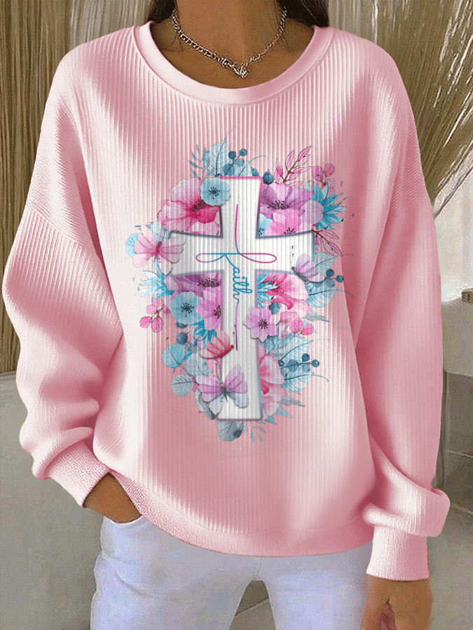 Women's Faith Print Knit Crew Neck Long Sleeve Top