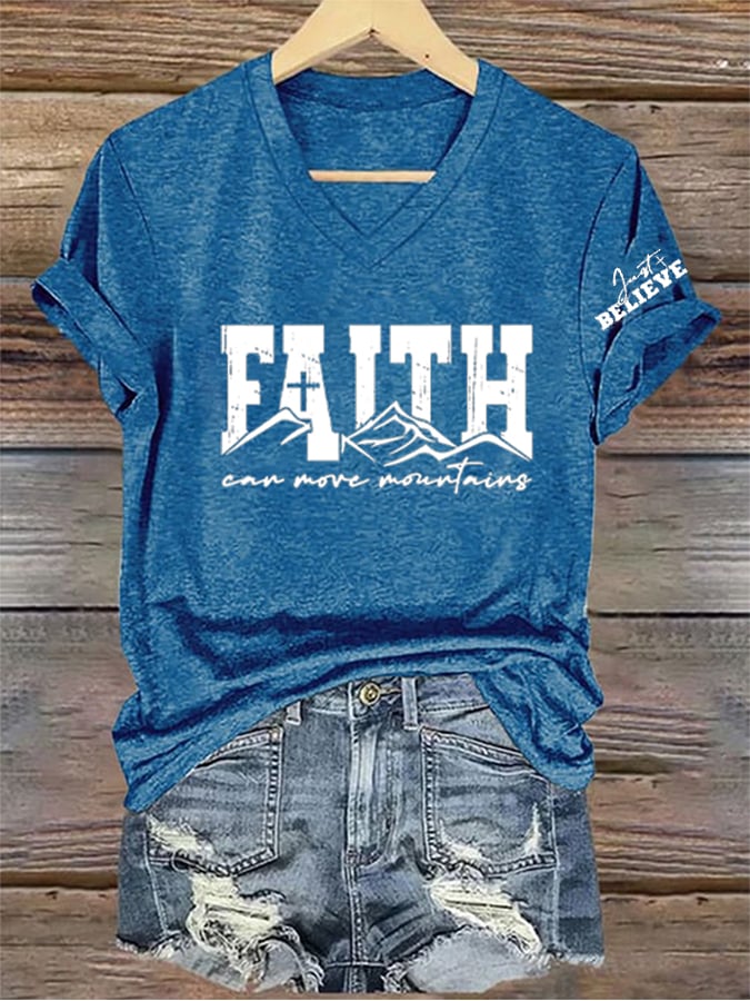 Women's Faith Can Move Mountains   Printed V-Neck Tee