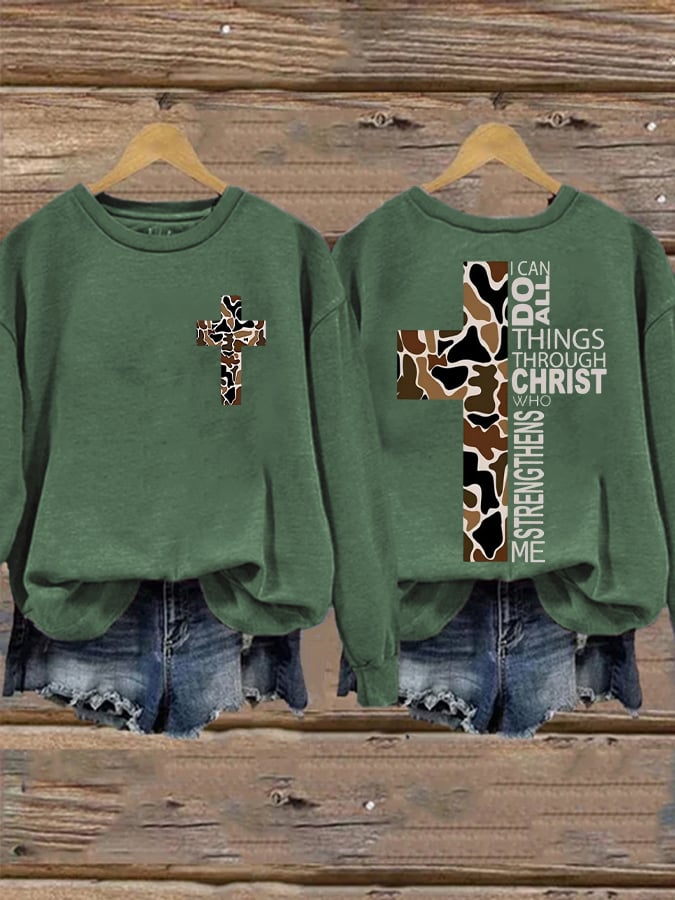 Women's Philippians 4:13 Camo Cross  Print Sweatshirt