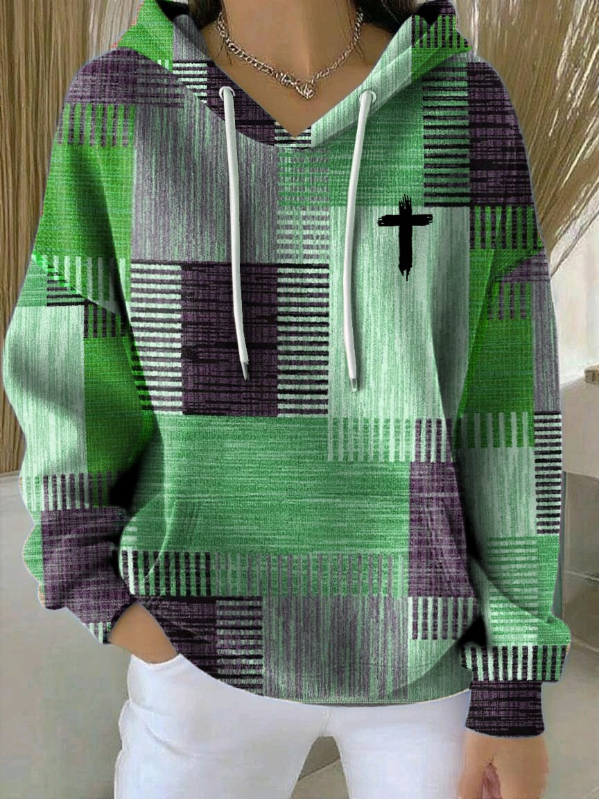 Women's Casual Autumn Faith Contrast Color Square Striped Cardigan Hoodie