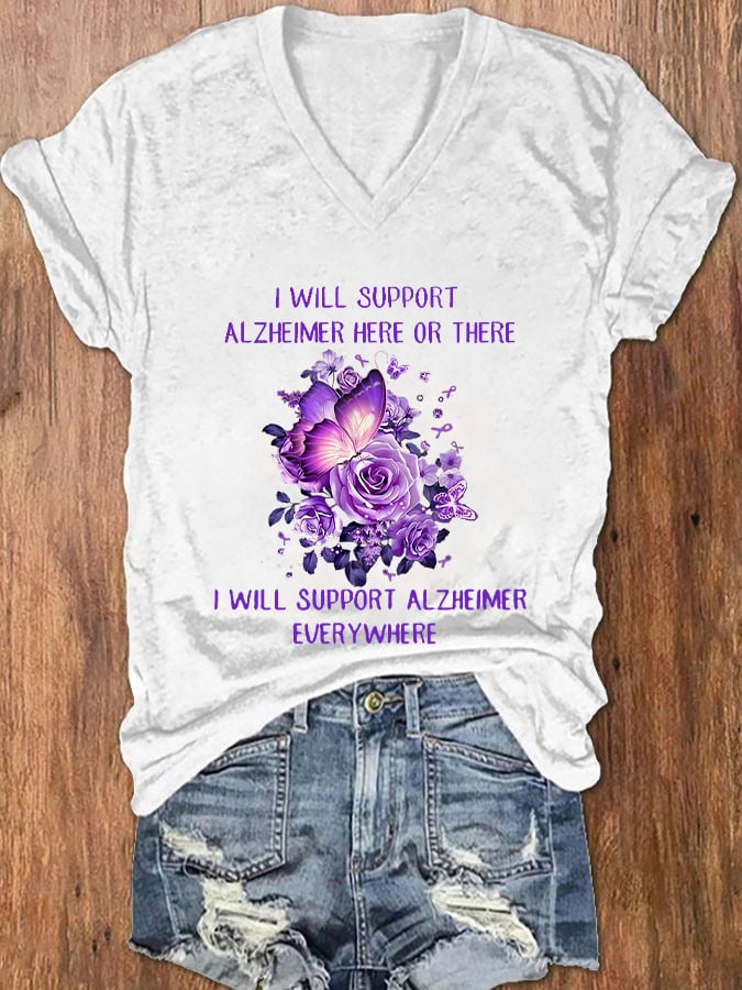 Women's Alzheimer's Awareness Butterfly Printed V-Neck T-Shirt