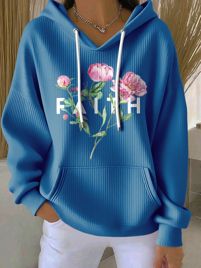 Women's Casual Floral Faith Textured Hoodie