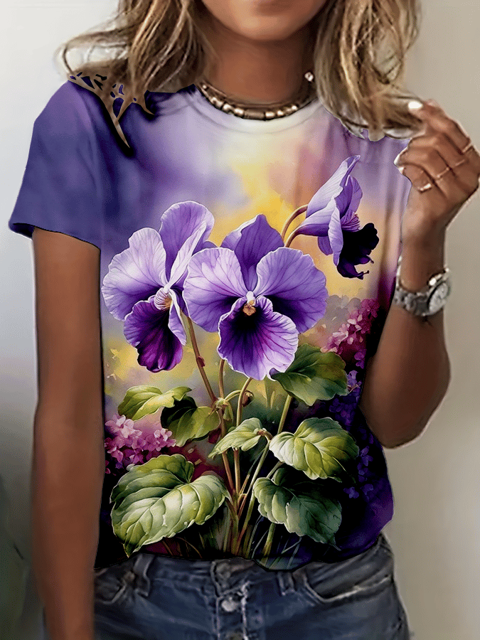 Women's Alzheimer's Forget-Me-Not Floral Print Crew Neck T-Shirt