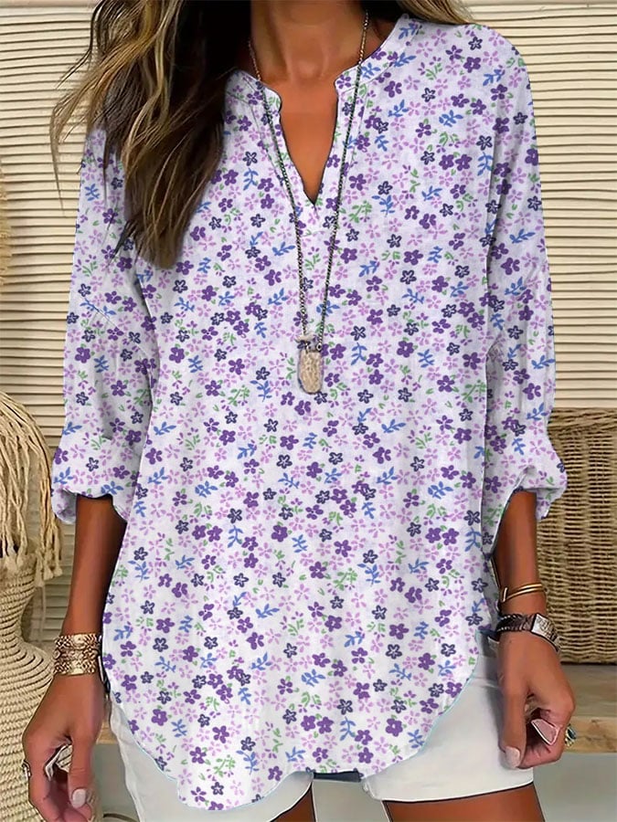 Womens Alzheimer's Awareness Purple Floral Cotton and Linen Top