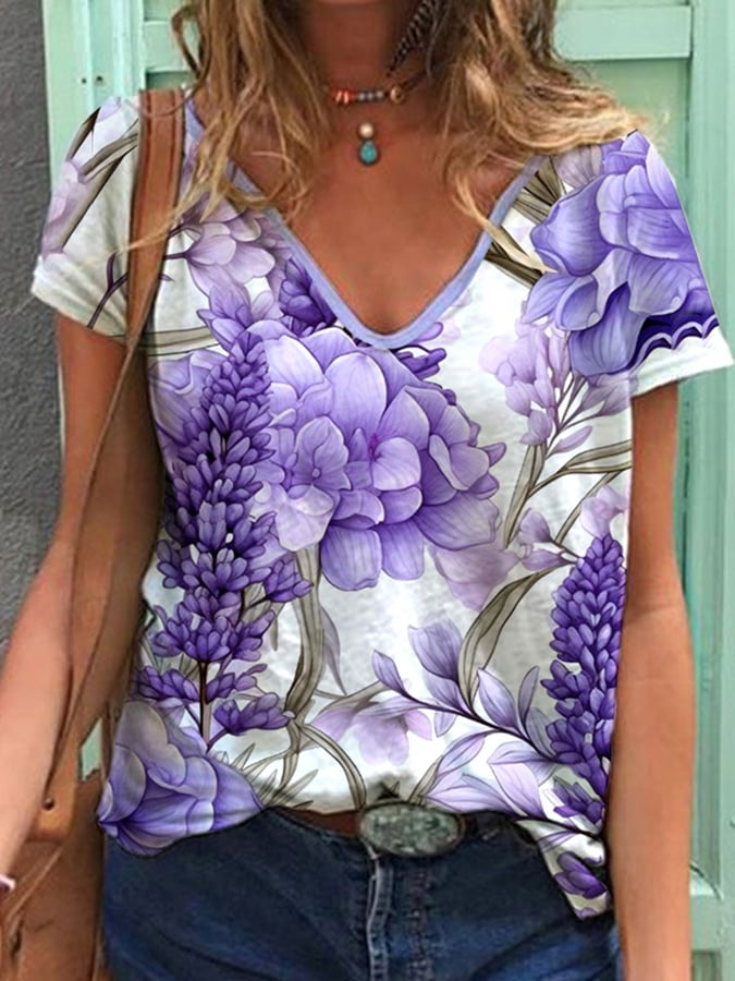Women's Retro Botanical Floral Design Print T-Shirt
