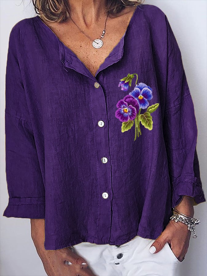 Women's Purple Floral Print Casual Cotton And Linen Top