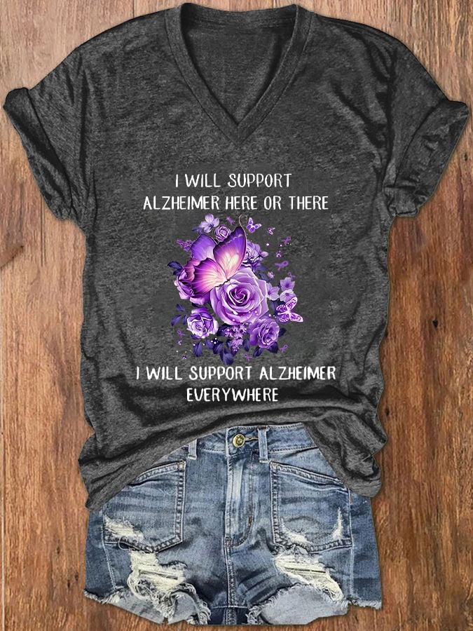Women's Alzheimer's Awareness Butterfly Printed V-Neck T-Shirt