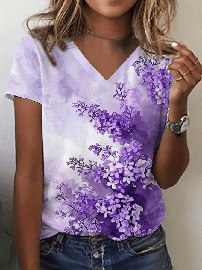 Women's Alzheimer's Disease Floral Print V-Neck T-Shirt
