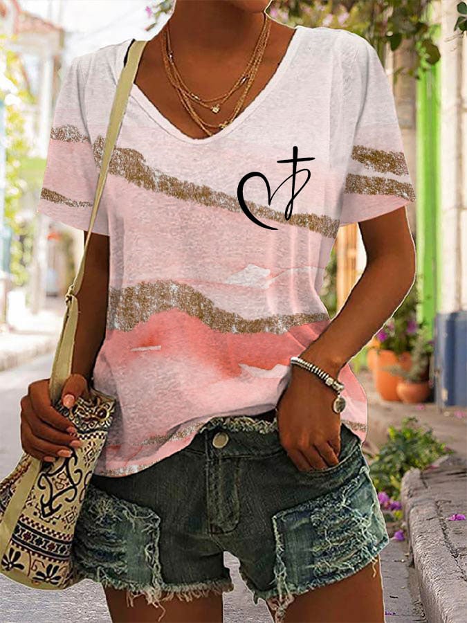 Women's Faith Print Casual V-Neck T-Shirt