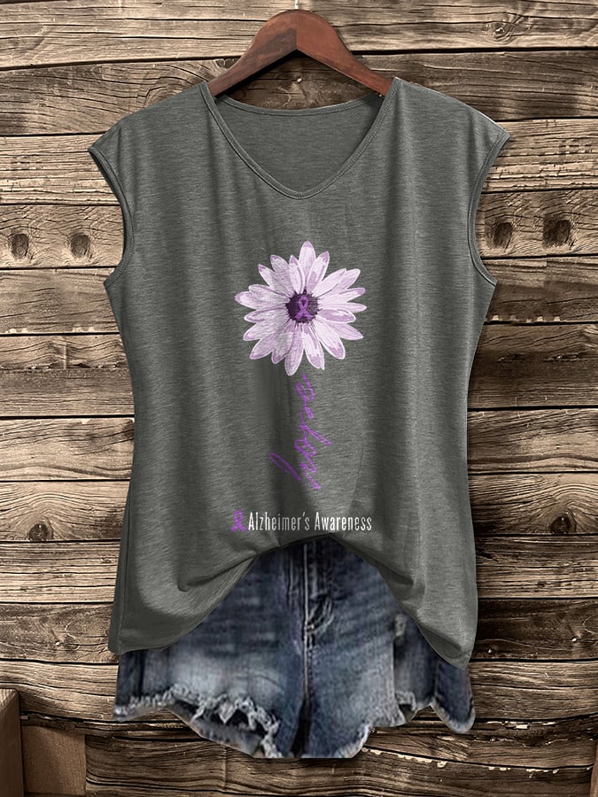 V-Neck Retro Alzheimer's Awareness Flower Hope Print Vest