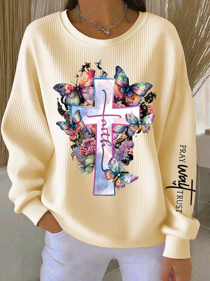 Women's Faith Cross Printed Crew Neck Long Sleeve Top