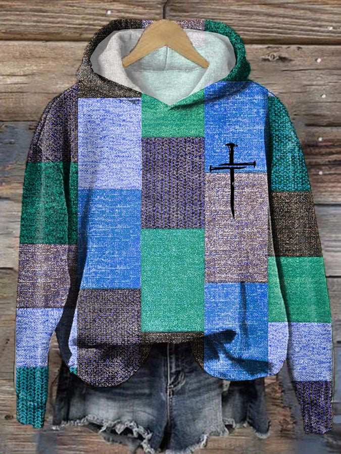 Women's Casual Autumn And Winter Retro Color Block Contrast Faith Hoodie