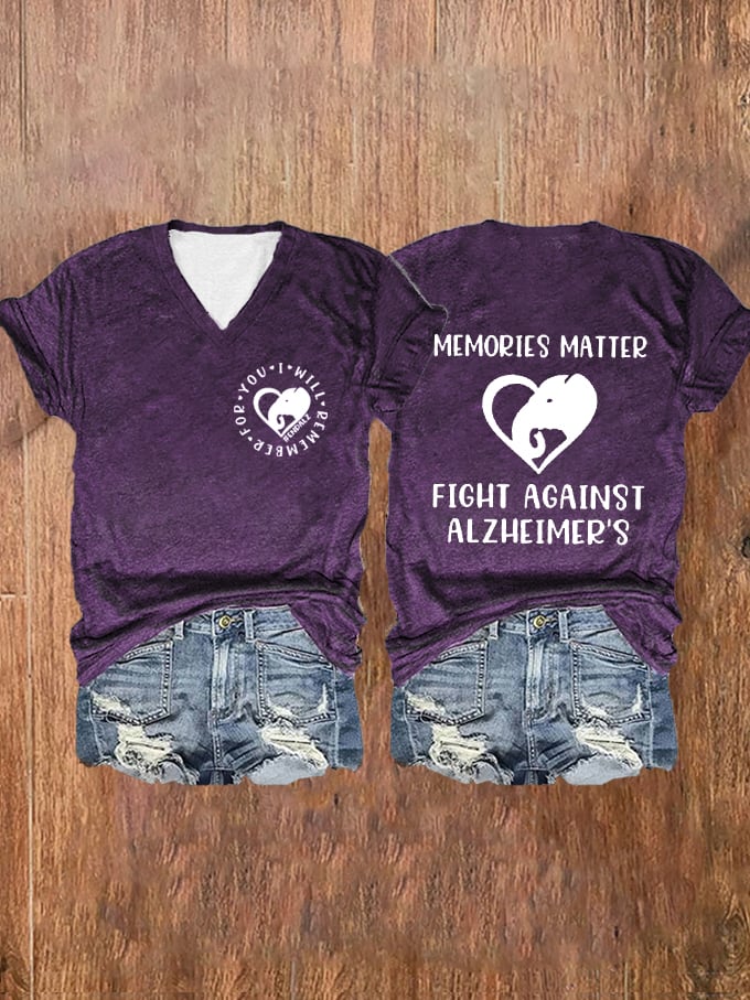 Women's Memories Matter Fight Against Dementia Alzheimer's Printed V-Neck T-Shirt