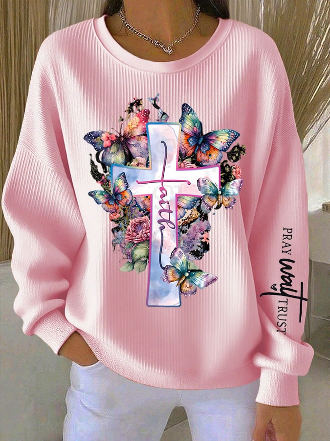 Women's Faith Cross Printed Crew Neck Long Sleeve Top