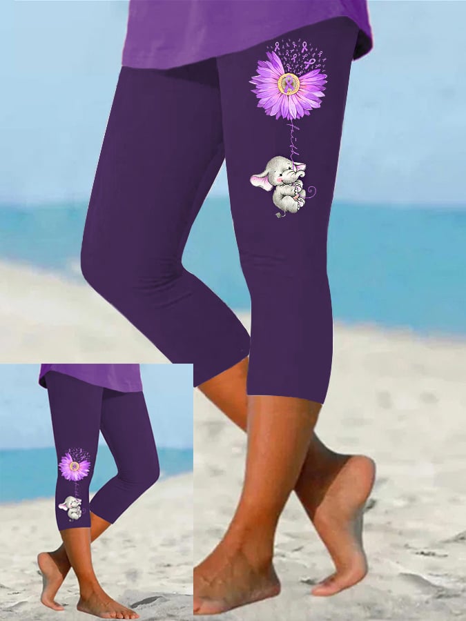 Women's Faith For A Cure Elephant Sunflower Purple Ribbon Alzheimer's Awareness Fighter Supporter Cropped Leggings