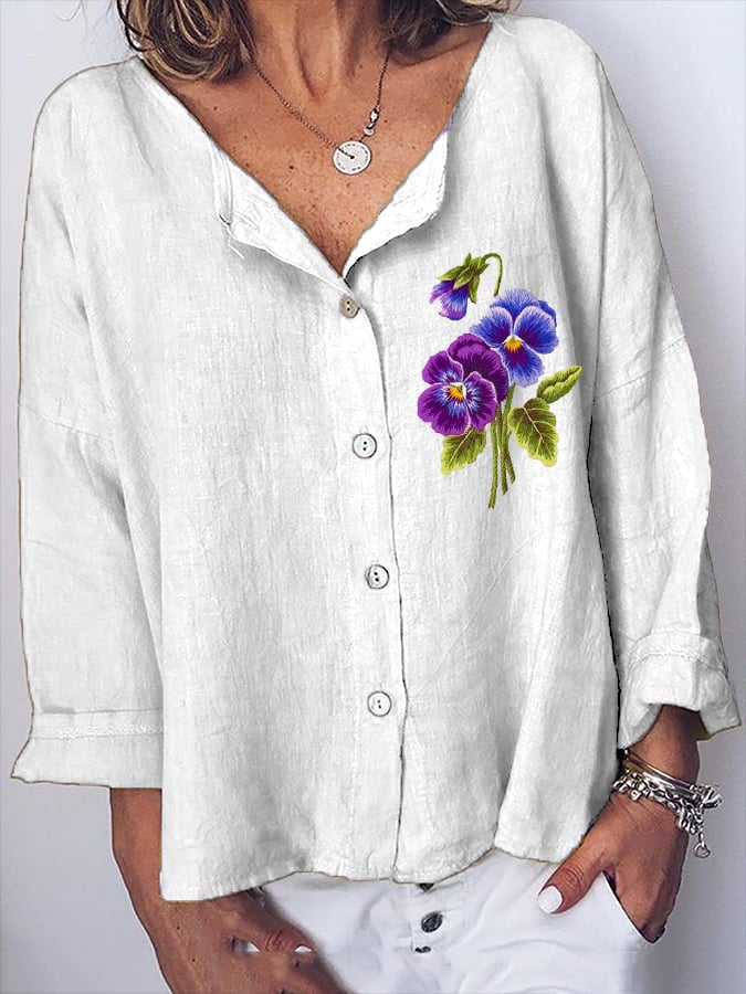 Women's Purple Floral Print Casual Cotton And Linen Top